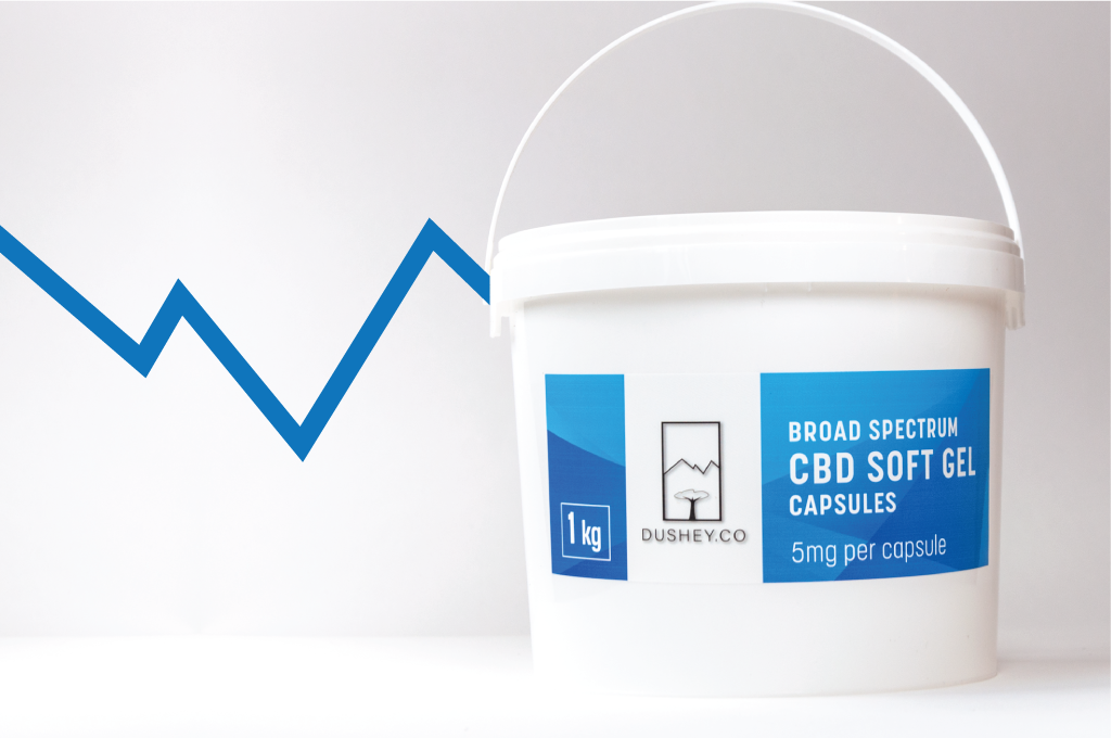 Dushey CBD SOFT GEL CAPSULES in 1kg bucket with dushey logo