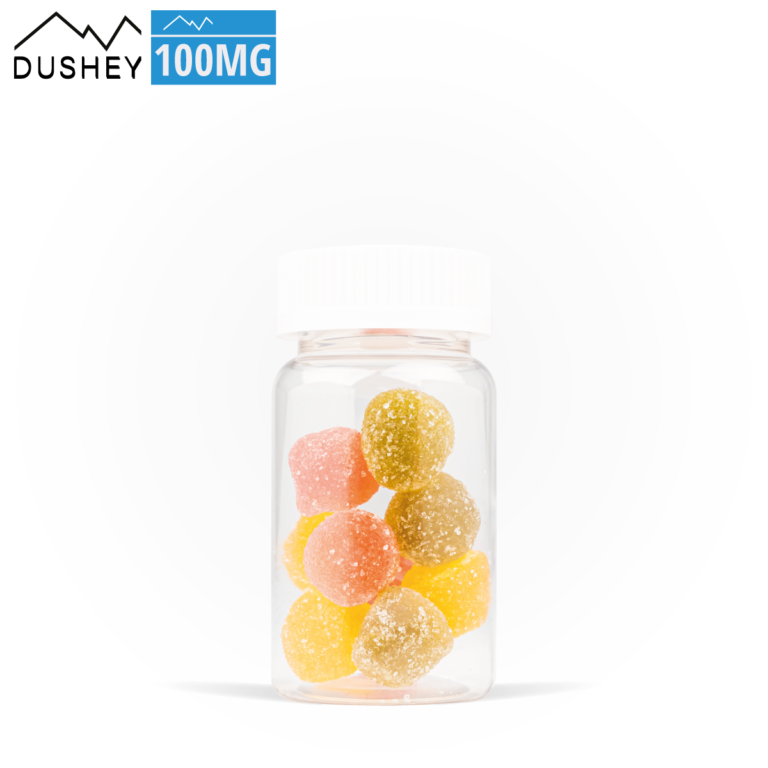 CBD gummies UK and EU, Dushey Wholesale, mixed jellies 100mg 50g tub, portrait shot on white background