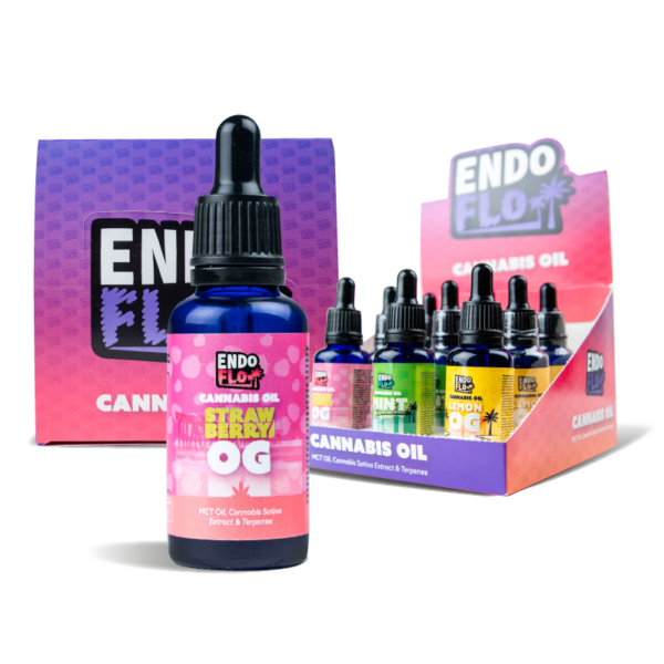 Mixed 9 Pack of EndoFlo Full Spectrum CBD oils in a counter top display product image