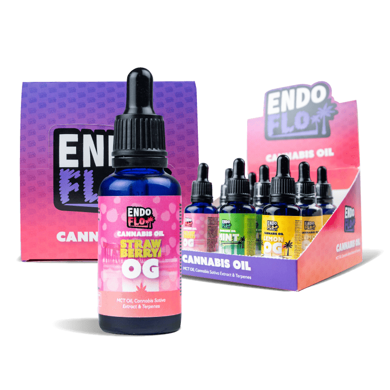Mixed 9 Pack of EndoFlo Full Spectrum CBD oils in a counter top display product image