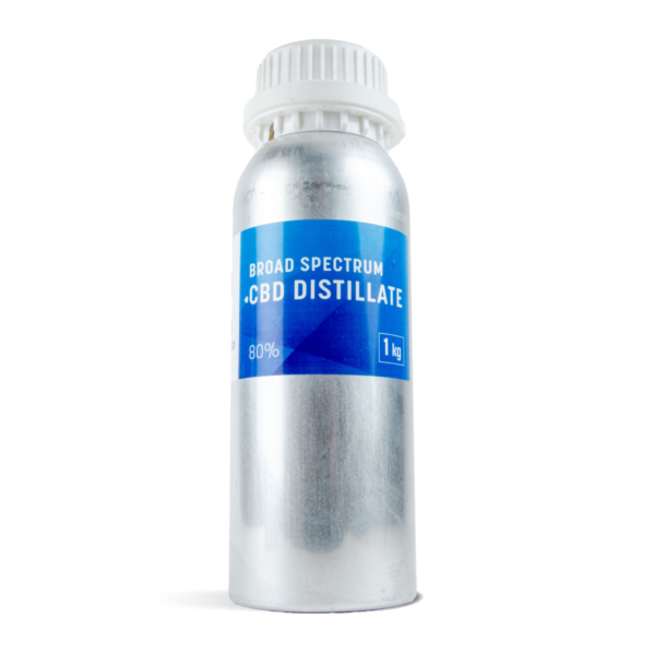 Dushey Broad Spectrum CBD Distillate 80% 1KG cannister / bulk on white background